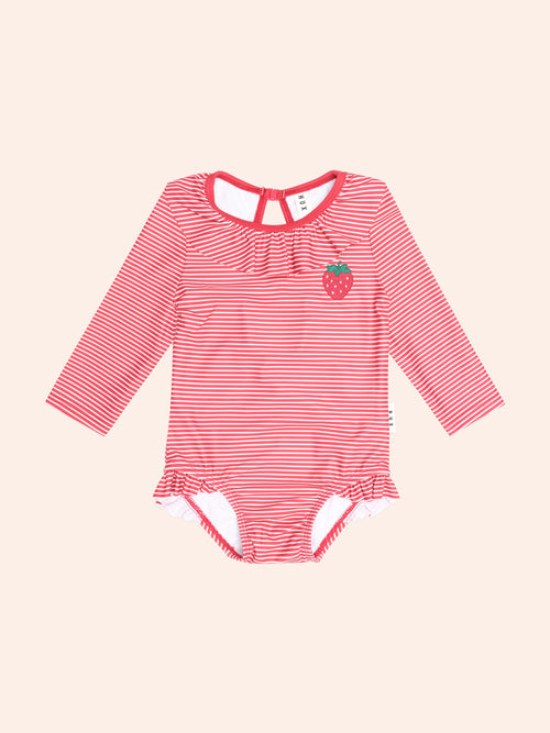 Huxbaby - Red Stripe Frill Neck Swimsuit | Berry Red
