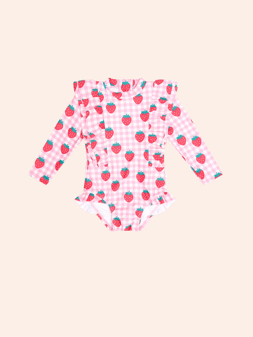 Huxbaby - Strawberry Check Frill Swimsuit | Strawberry
