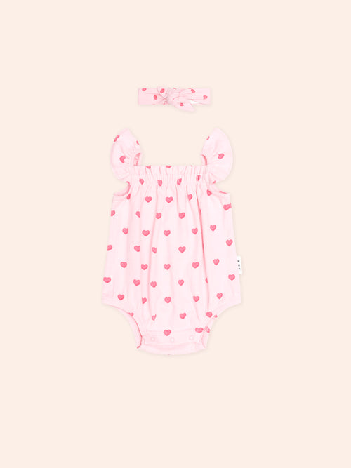 Huxbaby - I Heart You Pointelle Bubble Romper And Headband | Baby Pink
