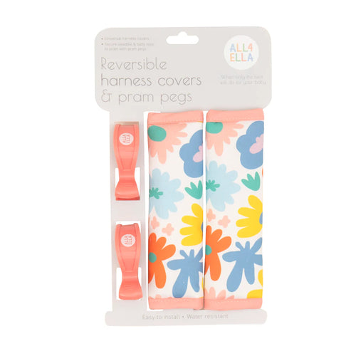 All 4 Ella Reversible Harness Covers & Pram Pegs - Bright Floral