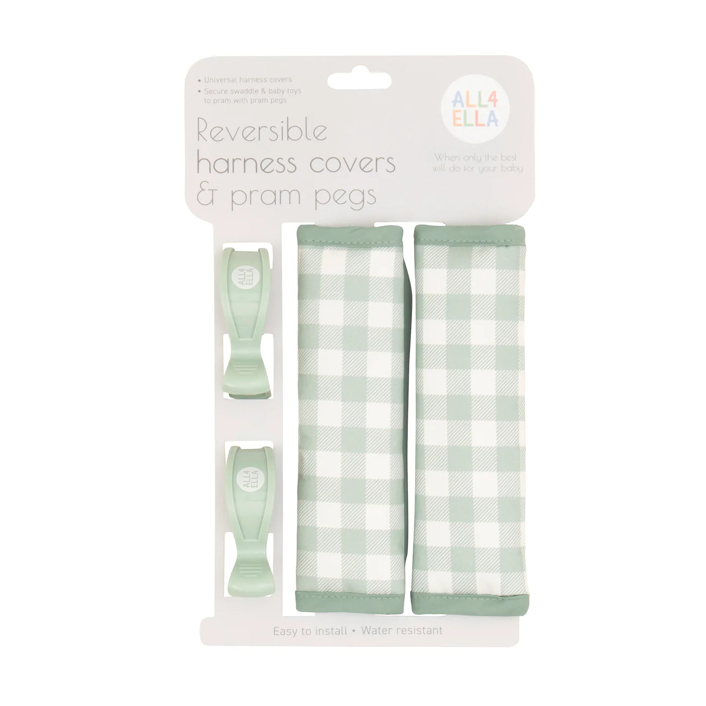 All 4 Ella Harness Covers & Pram Pegs - Gingham Sage Pram Accessories All 4 Ella 