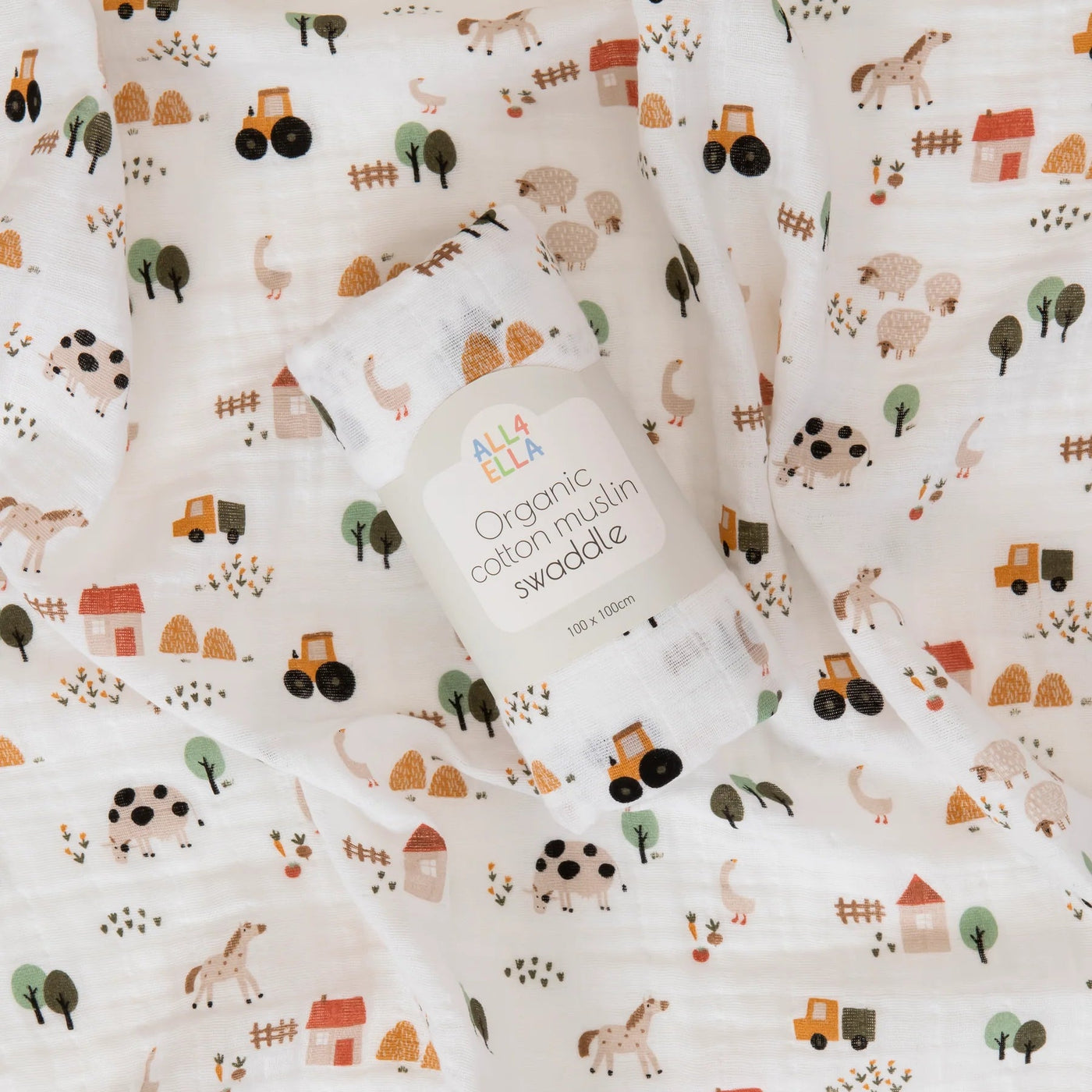 All 4 Ella - Organic Cotton Muslin Swaddle - Country Farm Muslin Wrap All 4 Ella 