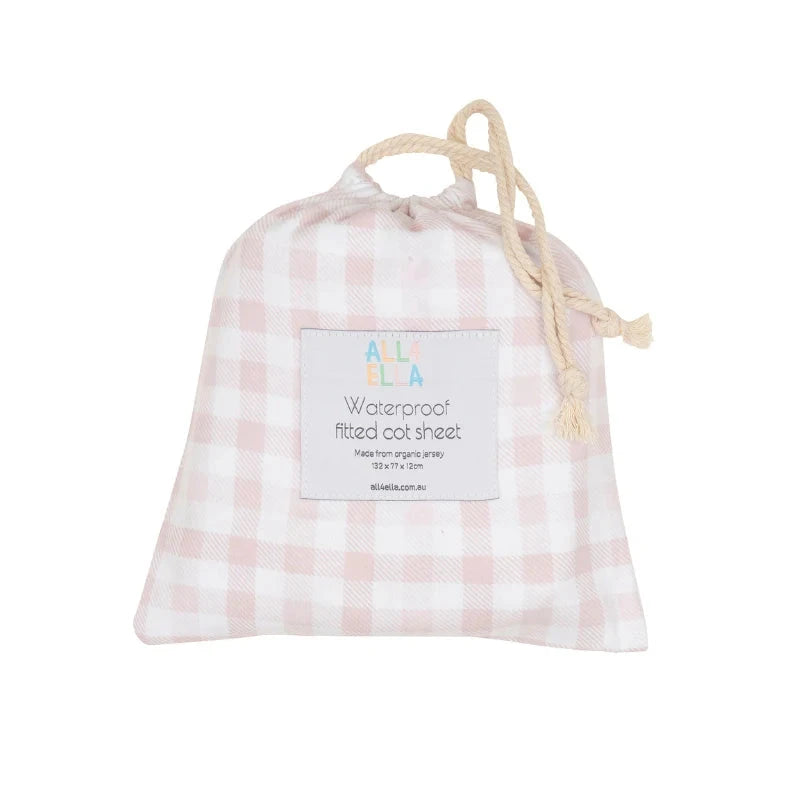 All 4 Ella - Waterproof Fitted Cot Sheet | Gingham Pink Cot Sheet All 4 Ella 