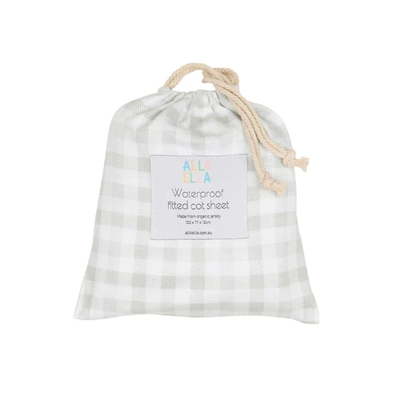 All 4 Ella - Waterproof Fitted Cot Sheet | Gingham Sage Cot Sheet All 4 Ella 