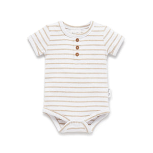 Aster & Oak - Stripe Rib Henley Onesie Oatmeal