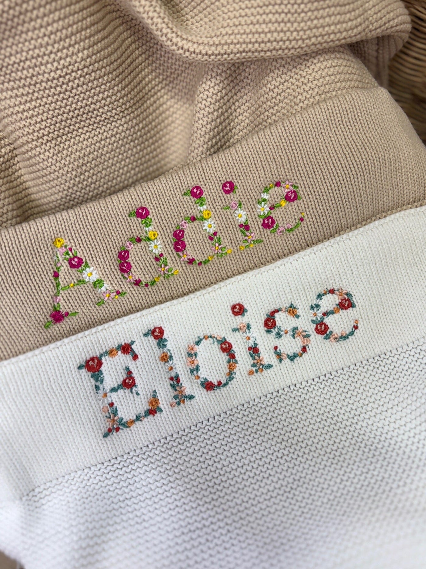 Cherrie Baby - Floral Personalised 100% Cotton Knit Baby Blanket | Ivory Blanket Cherrie Baby Boutique 