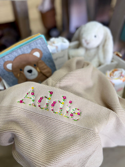 Cherrie Baby - Floral Personalised 100% Cotton Knit Baby Blanket | Oatmeal Blanket Cherrie Baby Boutique 