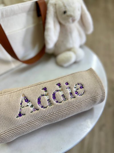 Cherrie Baby - Floral Personalised 100% Cotton Knit Baby Blanket | Oatmeal Blanket Cherrie Baby Boutique 