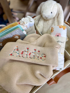 Cherrie Baby - Floral Personalised 100% Cotton Knit Baby Blanket | Oatmeal