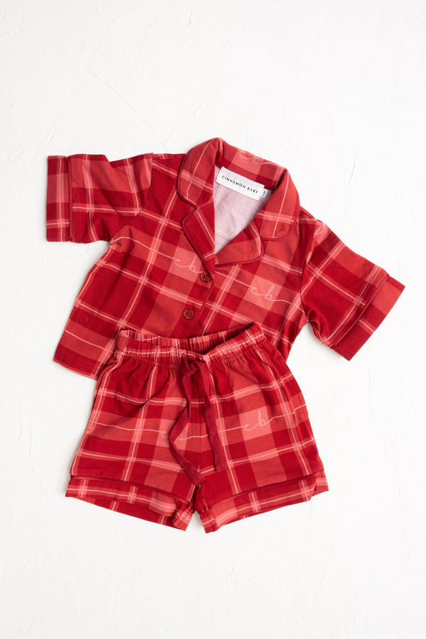 Cinnamon Baby - Plaid Short Pyjamas | Red - PREORDER Short Sleeve Pyjamas Cinnamon Baby 