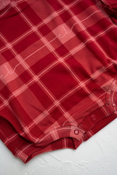 Cinnamon Baby - Plaid T-Shirt Romper | Red - PREORDER Romper Cinnamon Baby 