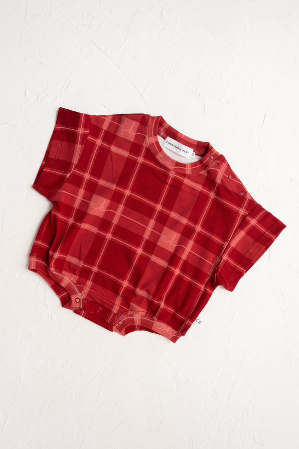 Cinnamon Baby - Plaid T-Shirt Romper | Red - PREORDER Romper Cinnamon Baby 