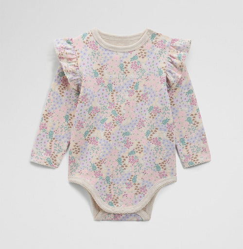 Country Road - Organically Grown Cotton Blend Frill Long Sleeve Logo Bodysuit | Floral Multi