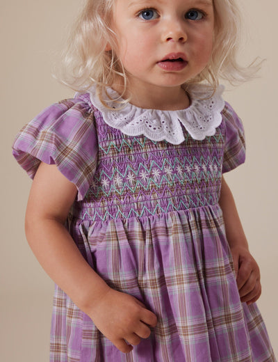 Goldie & Ace - Flo Smocked Dress | Mauve Check Short Sleeve Dress Goldie & Ace 