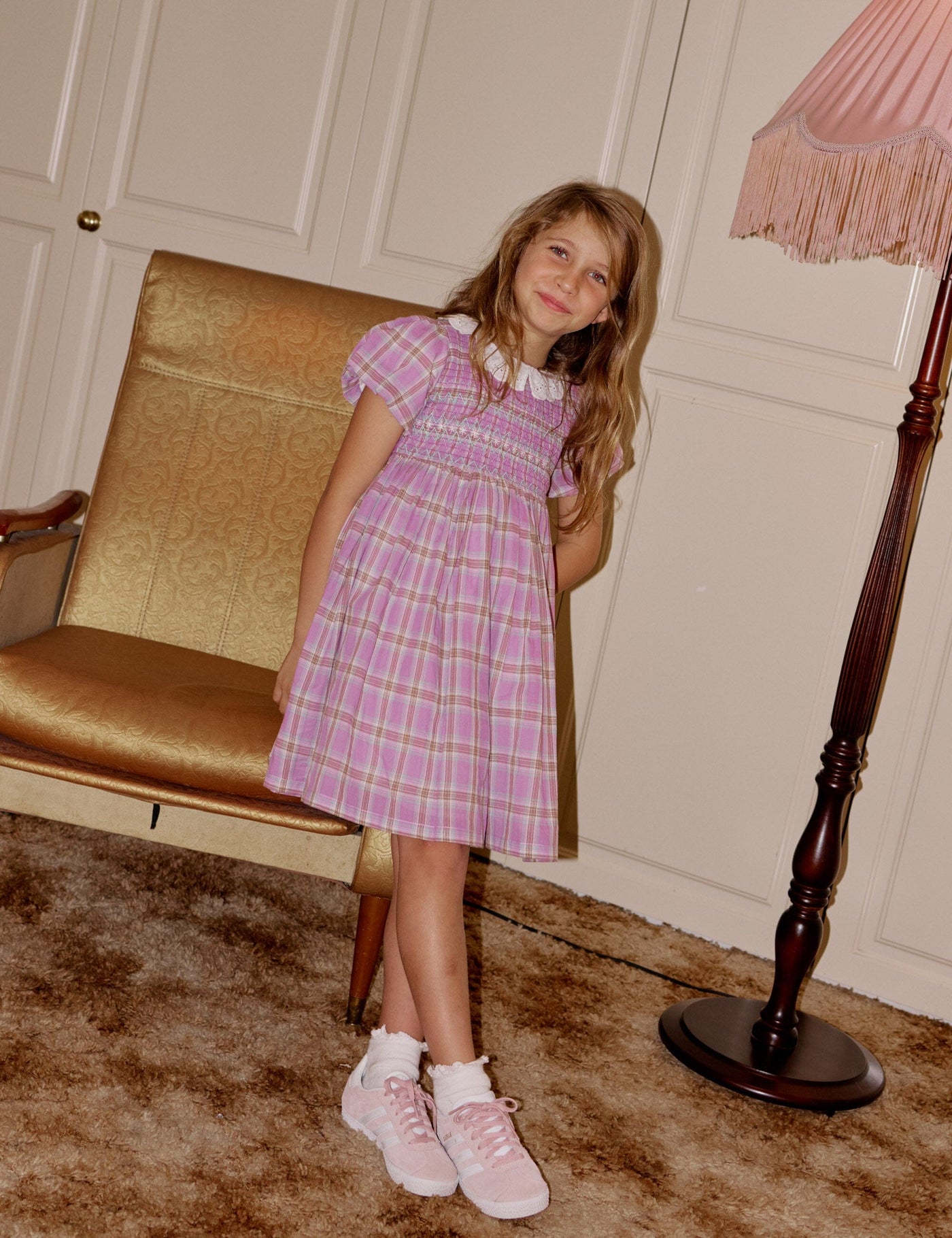 Goldie & Ace - Flo Smocked Dress | Mauve Check Short Sleeve Dress Goldie & Ace 