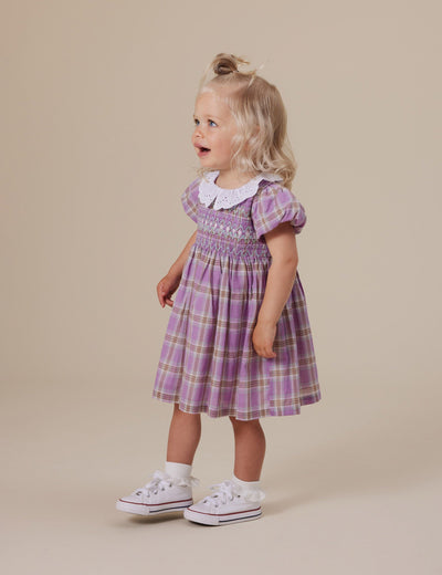 Goldie & Ace - Flo Smocked Dress | Mauve Check Short Sleeve Dress Goldie & Ace 