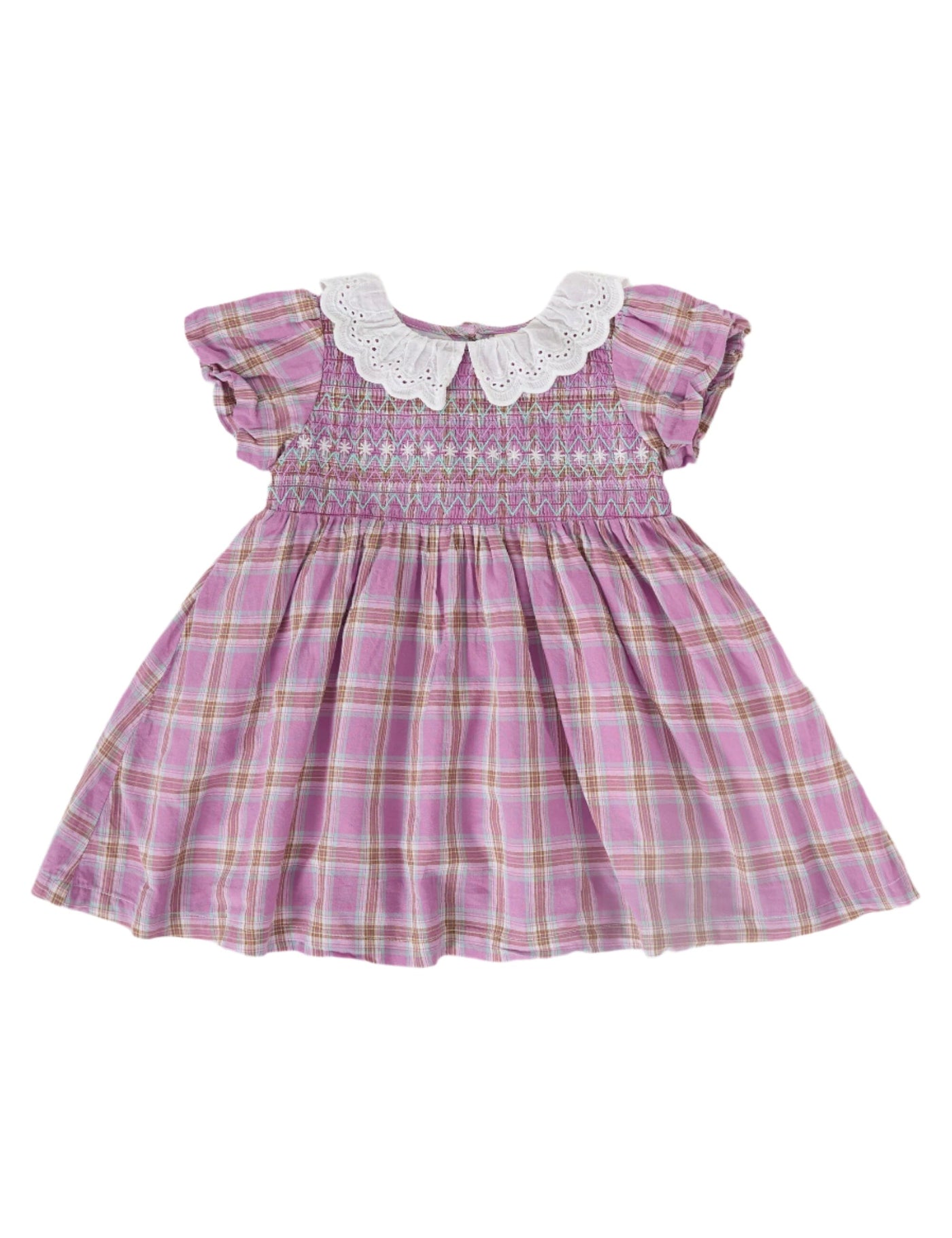 Goldie & Ace - Flo Smocked Dress | Mauve Check Short Sleeve Dress Goldie & Ace 