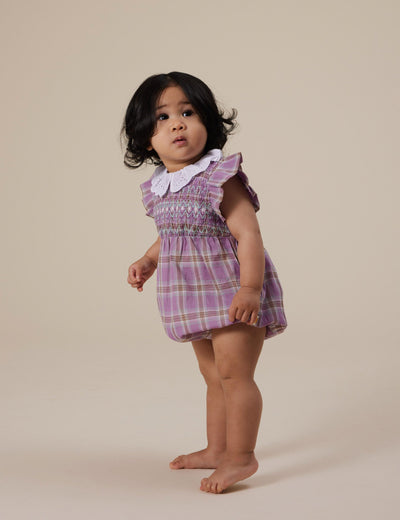 Goldie & Ace - Lani Smocked Romper | Mauve Check Romper Goldie & Ace 