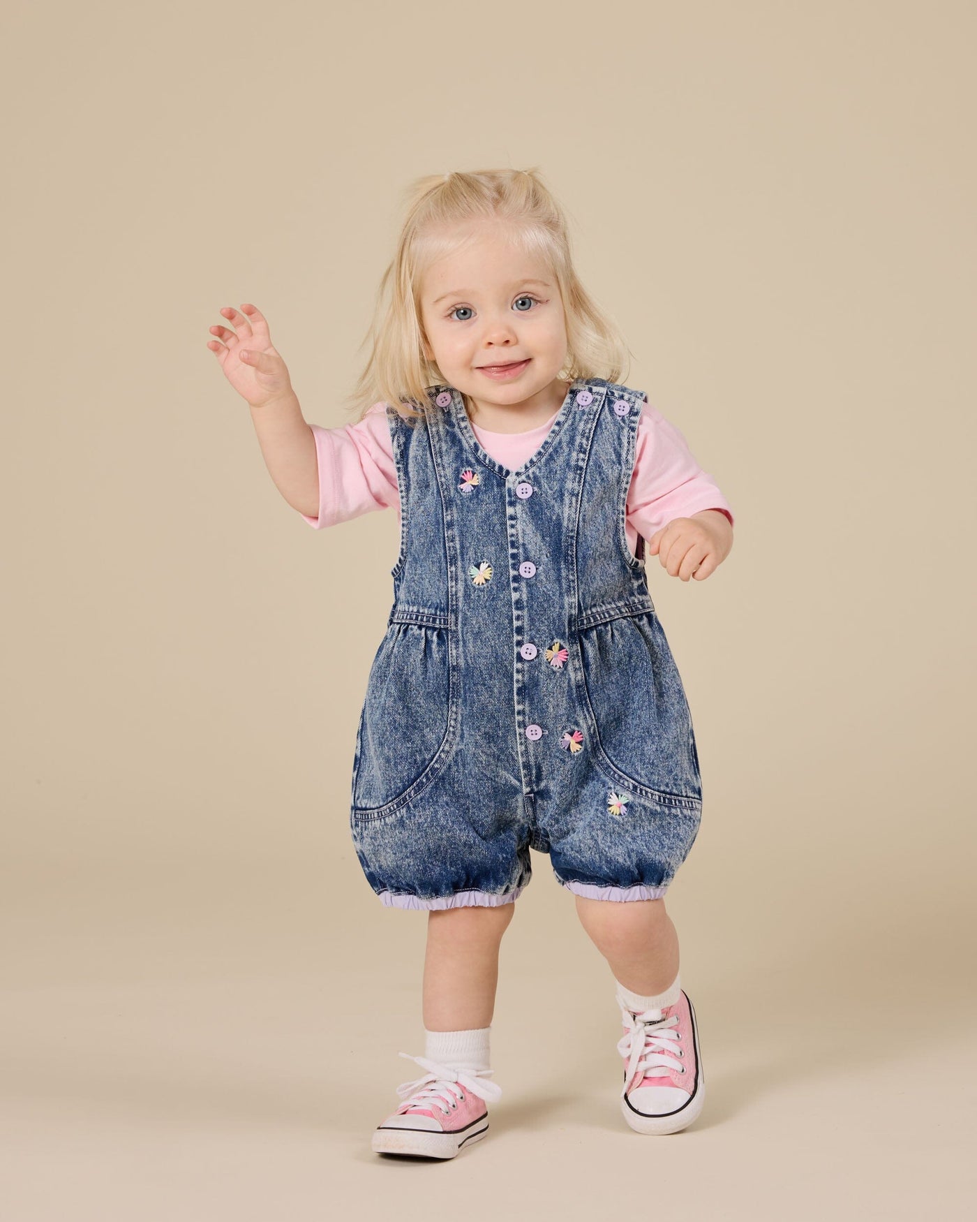 Goldie & Ace - Nina Pastel Petals Denim Romper Romper Goldie & Ace 