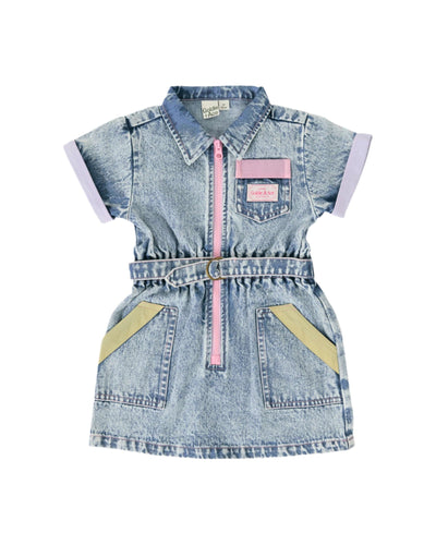 Goldie & Ace - Pastel Pop Piper Denim Belted Dress Short Sleeve Dress Goldie & Ace 