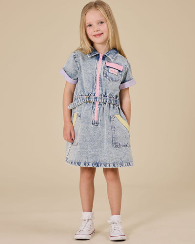 Goldie & Ace - Pastel Pop Piper Denim Belted Dress Short Sleeve Dress Goldie & Ace 