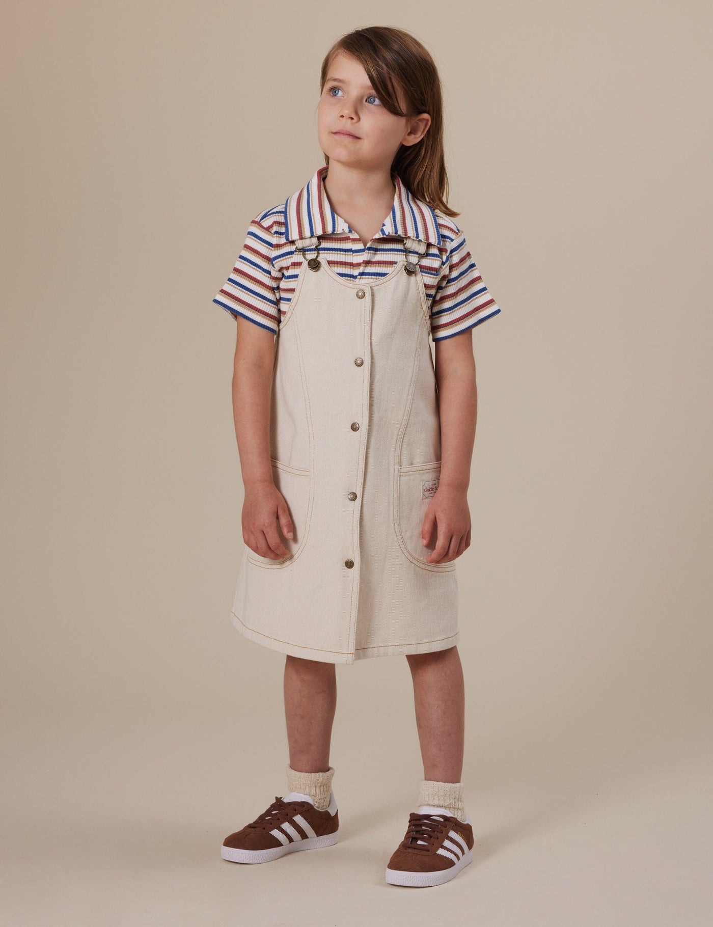 Goldie & Ace - Penelope Pinafore Pocket Dress | Oat Sleeveless Dress Goldie & Ace 