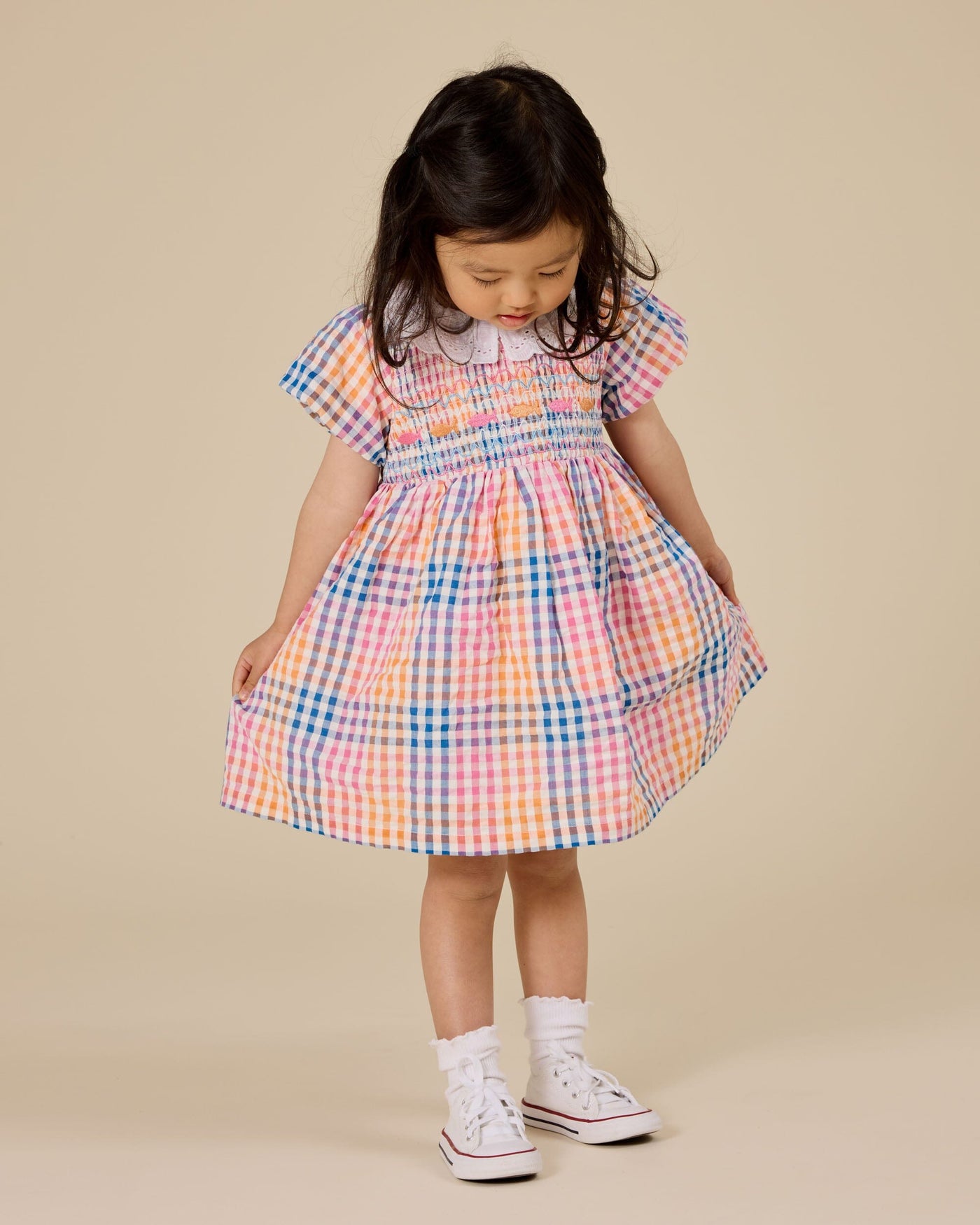 Goldie & Ace - Rainbow Gingham Flo Smocked Dress Short Sleeve Dress Goldie & Ace 