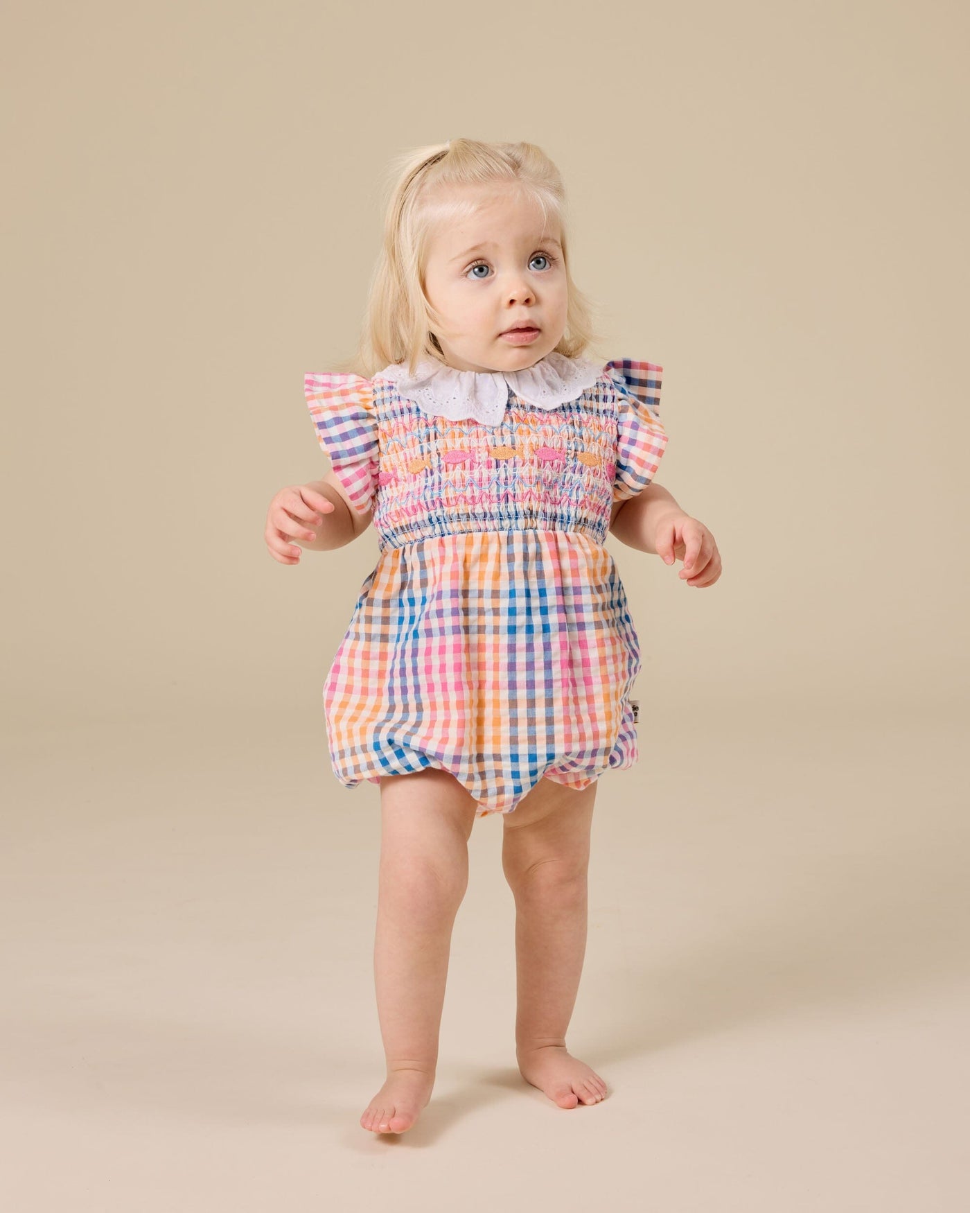 Goldie & Ace - Rainbow Gingham Lani Smocked Romper Romper Goldie & Ace 