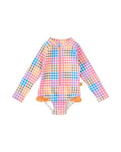 Goldie & Ace - Rainbow Gingham Long Sleeve Frill Swimsuit