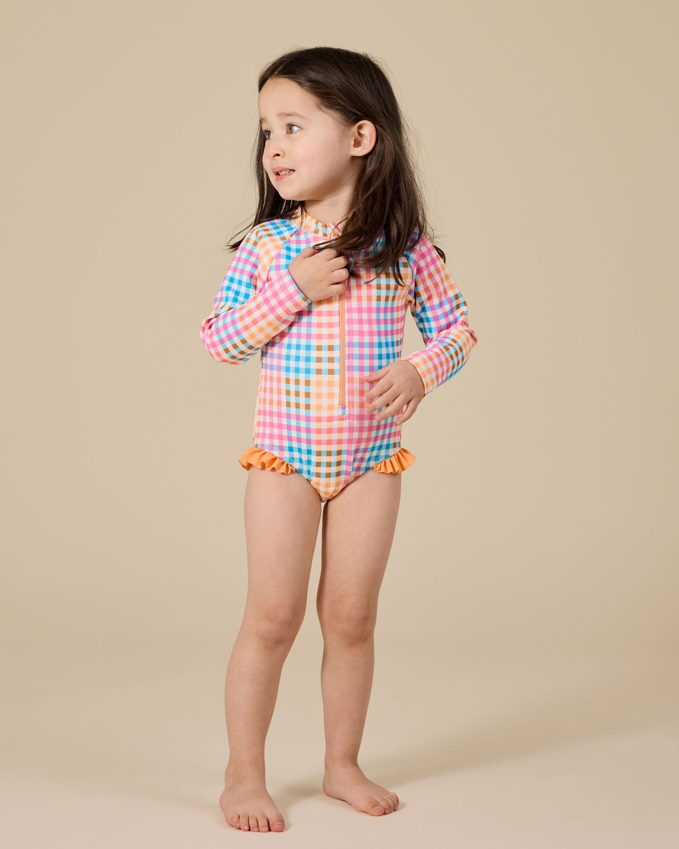 Goldie & Ace - Rainbow Gingham Long Sleeve Frill Swimsuit One-Piece Swimsuit Goldie & Ace 