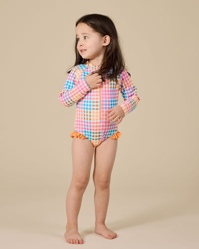 Goldie & Ace - Rainbow Gingham Long Sleeve Frill Swimsuit One-Piece Swimsuit Goldie & Ace 