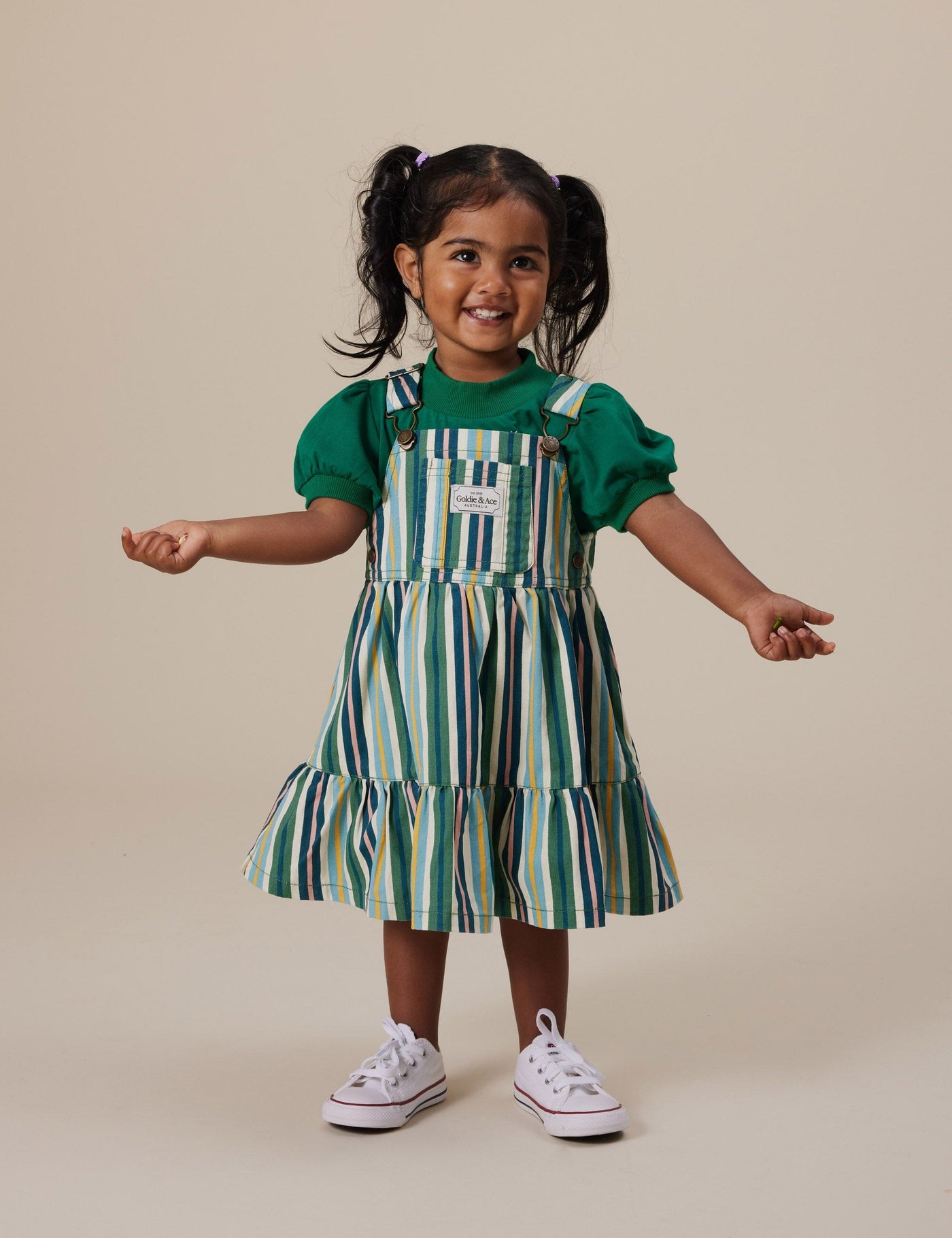 Goldie & Ace - Tully Tiered Pinafore Dress | Evergreen Stripe Sleeveless Dress Goldie & Ace 