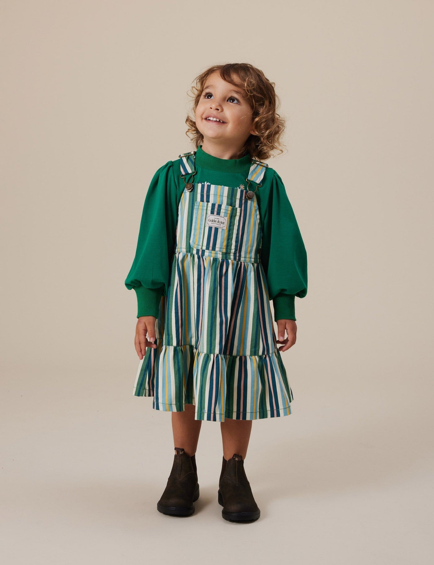 Goldie & Ace - Tully Tiered Pinafore Dress | Evergreen Stripe Sleeveless Dress Goldie & Ace 