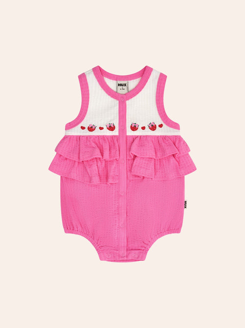 Huxbaby - Berry Sweet Seersucker Romper | Sherbet/ White