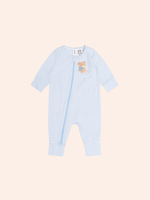 Huxbaby - Bow Hux Stripe Zip Romper | Baby Blue/Almond Milk