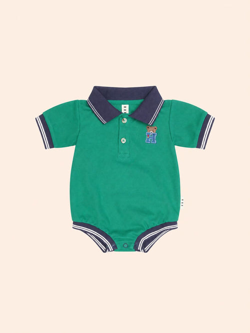 Huxbaby - Collegiate Hux Pique Polo Romper | Vintage Green