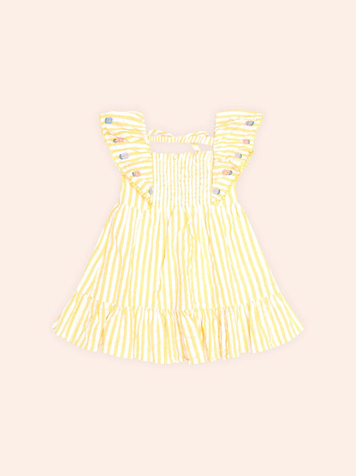 Huxbaby - Flower Field Stripe Shirred Dress | Golden/Almond Milk