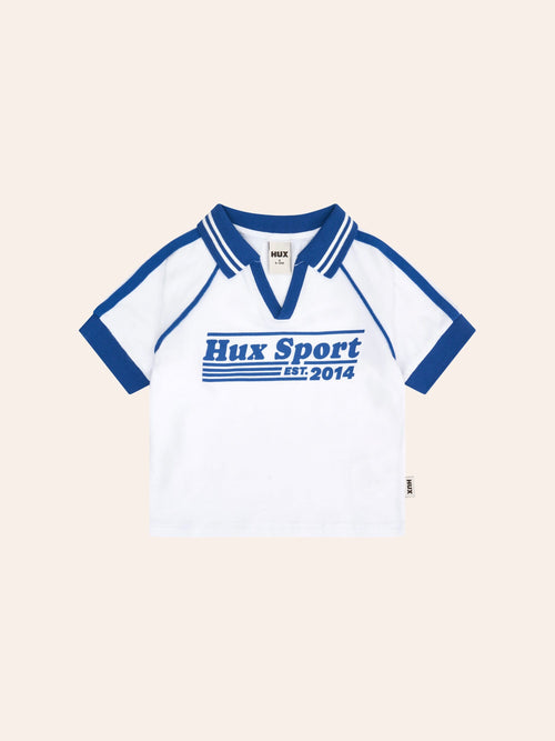 Huxbaby - Hux Sport Drop Shoulder Raglan Polo | White/ Cobalt - PREORDER