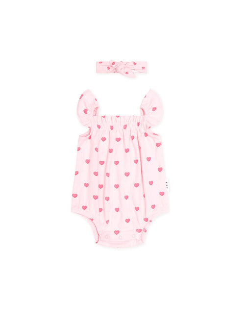 Huxbaby - I Heart You Pointelle Bubble Romper And Headband | Baby Pink