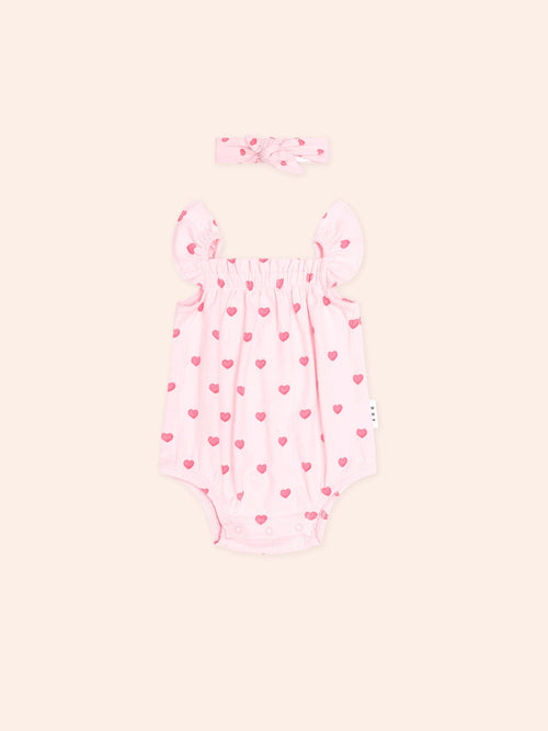 Huxbaby - I Heart You Pointelle Bubble Romper And Headband | Baby Pink