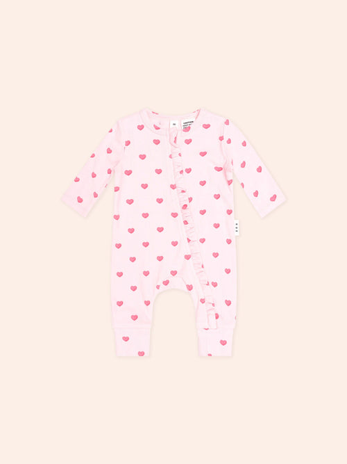 Huxbaby - I Heart You Pointelle Frill Zip Romper | Baby Pink