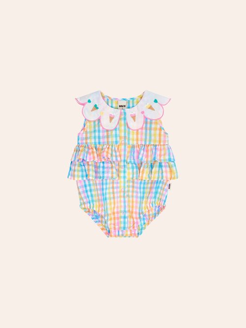 Huxbaby - Ice Cream Rainbow Check Collar Romper | Rainbow Check