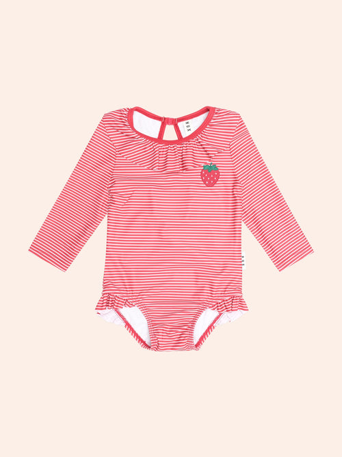 Huxbaby - Red Stripe Frill Neck Swimsuit | Berry Red