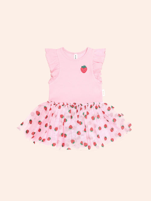 Huxbaby - Strawberry Embroidered Short Sleeve Tulle Dress | Strawberry Créme