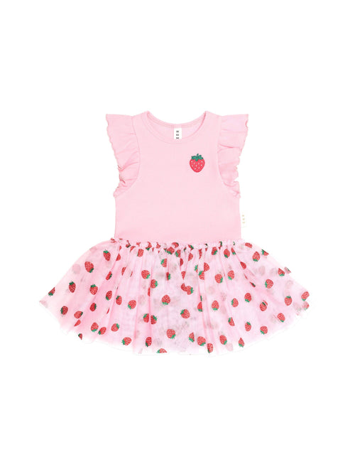 Huxbaby - Strawberry Embroidered Short Sleeve Tulle Dress | Strawberry Créme