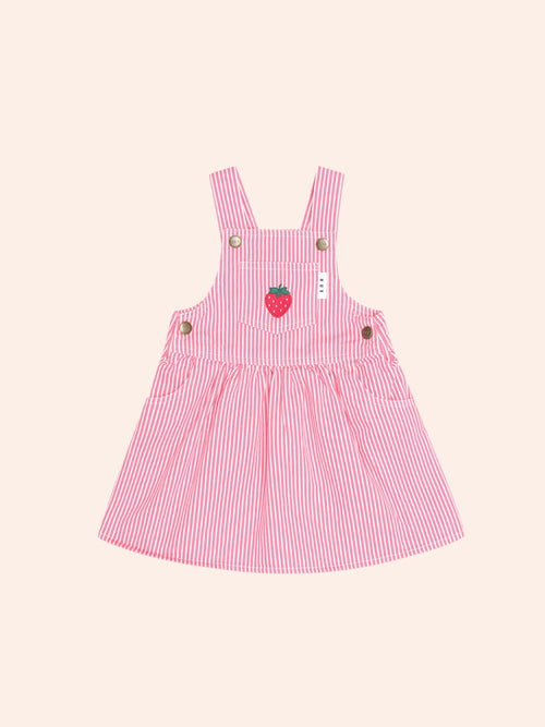 Huxbaby - Strawberry Embroidered Stripe Pinafore | Honeysuckle/Almond Milk