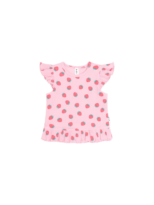 Huxbaby - Strawberry Print Rib Peplum Tee | Strawberry Print