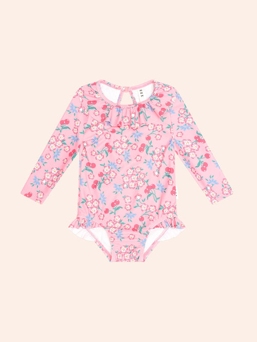 Huxbaby - Tropical Cherry Floral Frill Neck Swimsuit | Flamingo