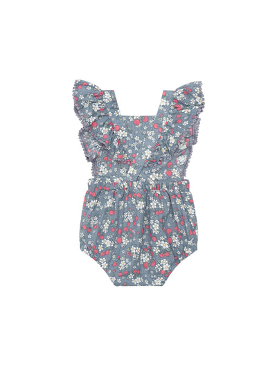 Huxbaby - Vintage Strawberry Frill Playsuit Dusty Blue - HB0146S24 Playsuit Huxbaby 