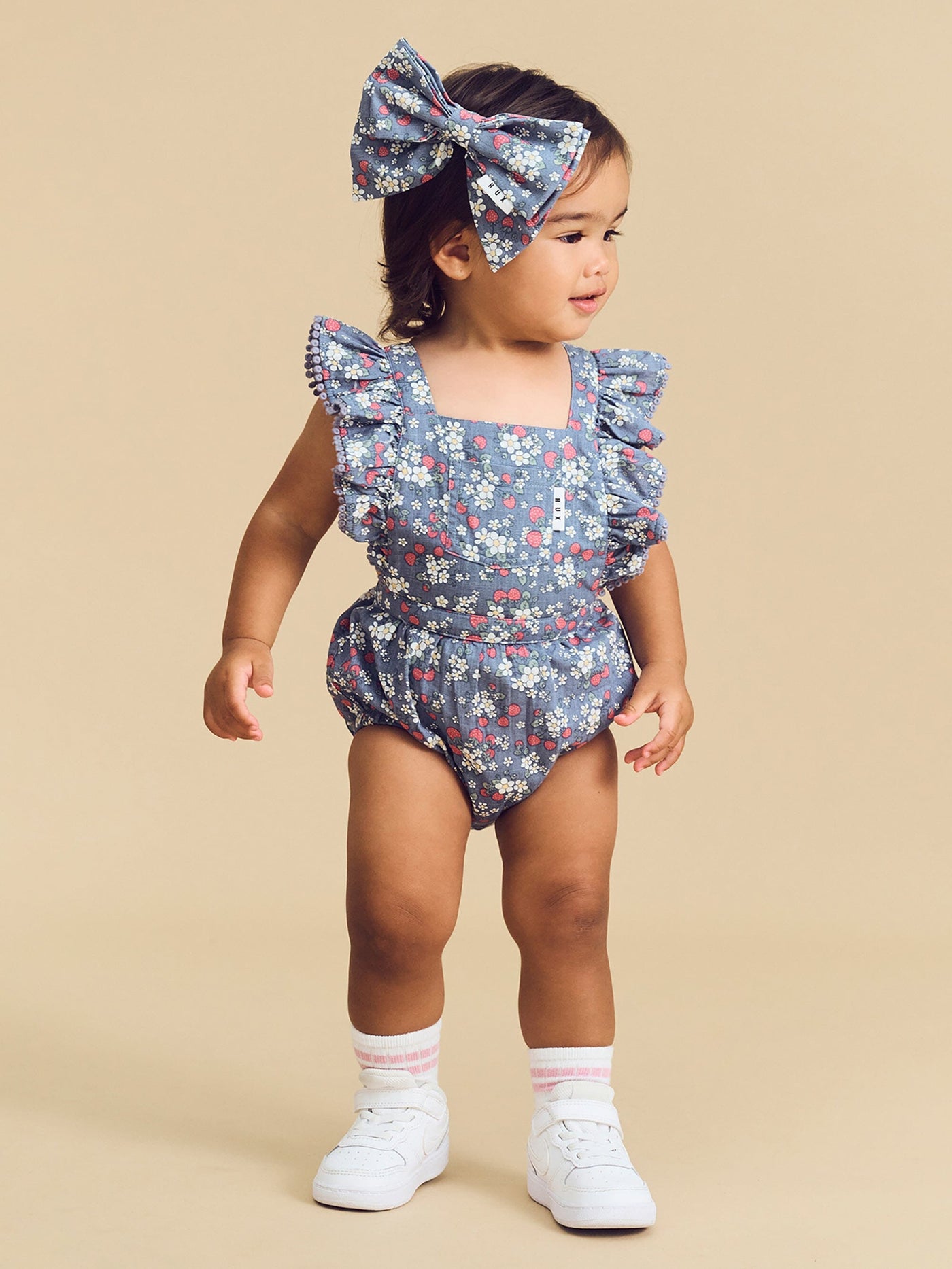 Huxbaby - Vintage Strawberry Frill Playsuit Dusty Blue - HB0146S24 Playsuit Huxbaby 